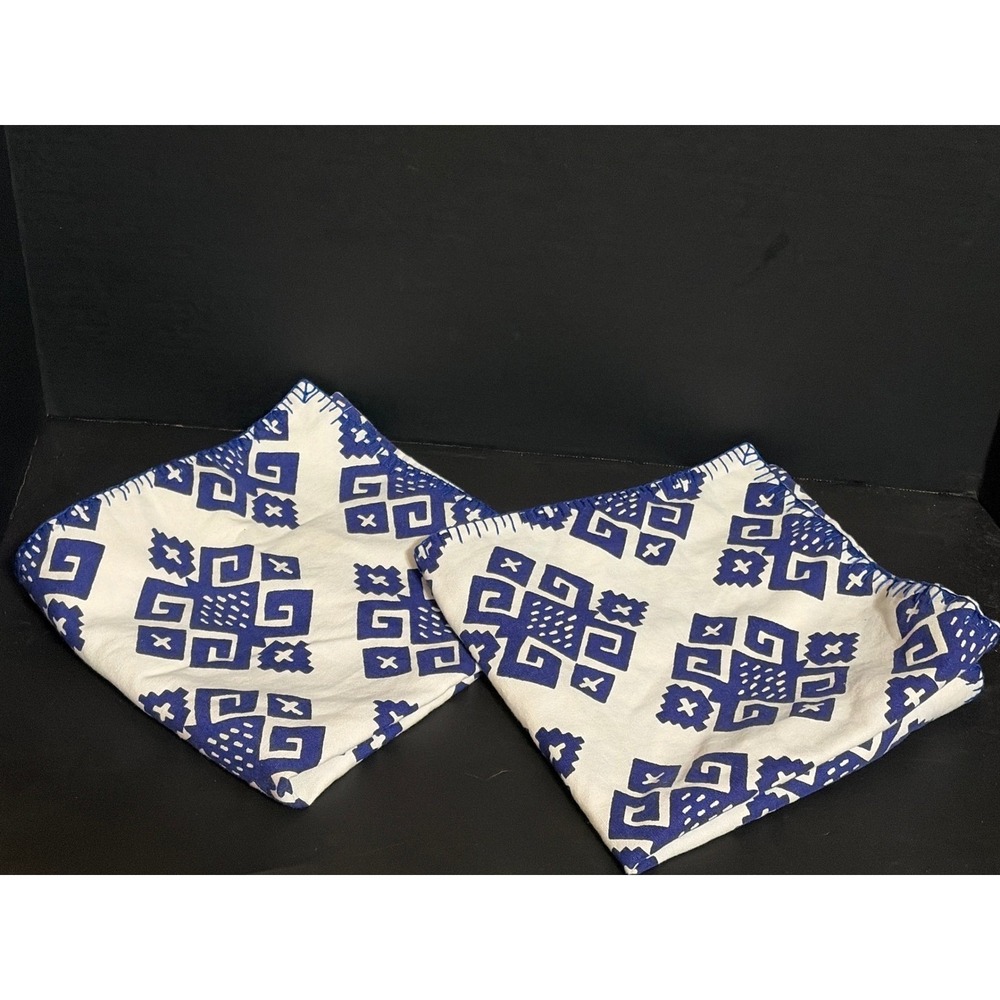 John Robshaw Home Blue White Geometric Linen Cotton 20x20 Pillow Covers Set of 2